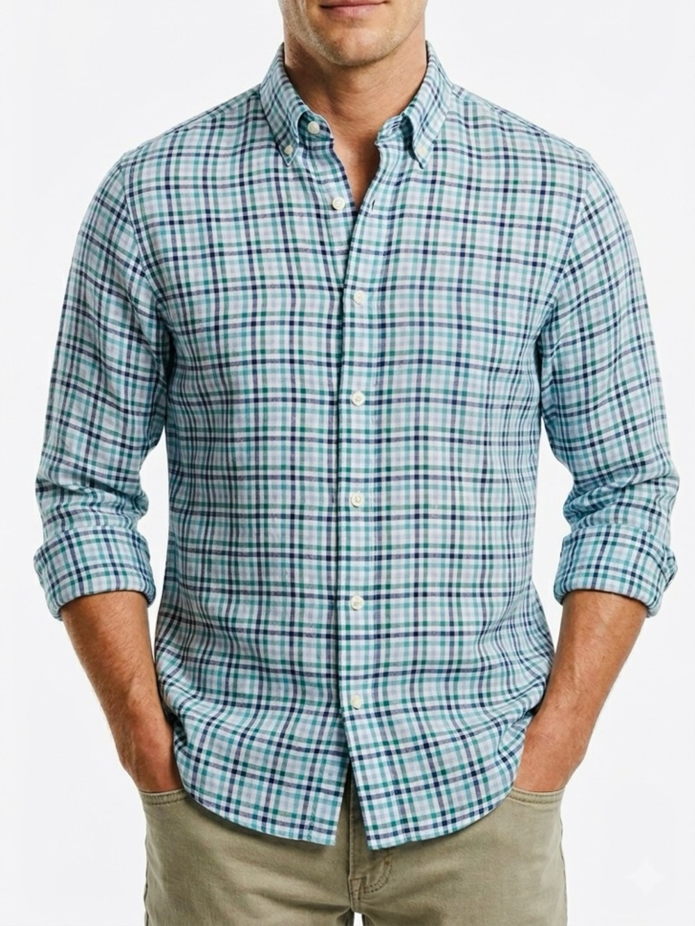 J. HILBURN Men’s 100% Linen White Blue Green Plaid Button Down Shirt